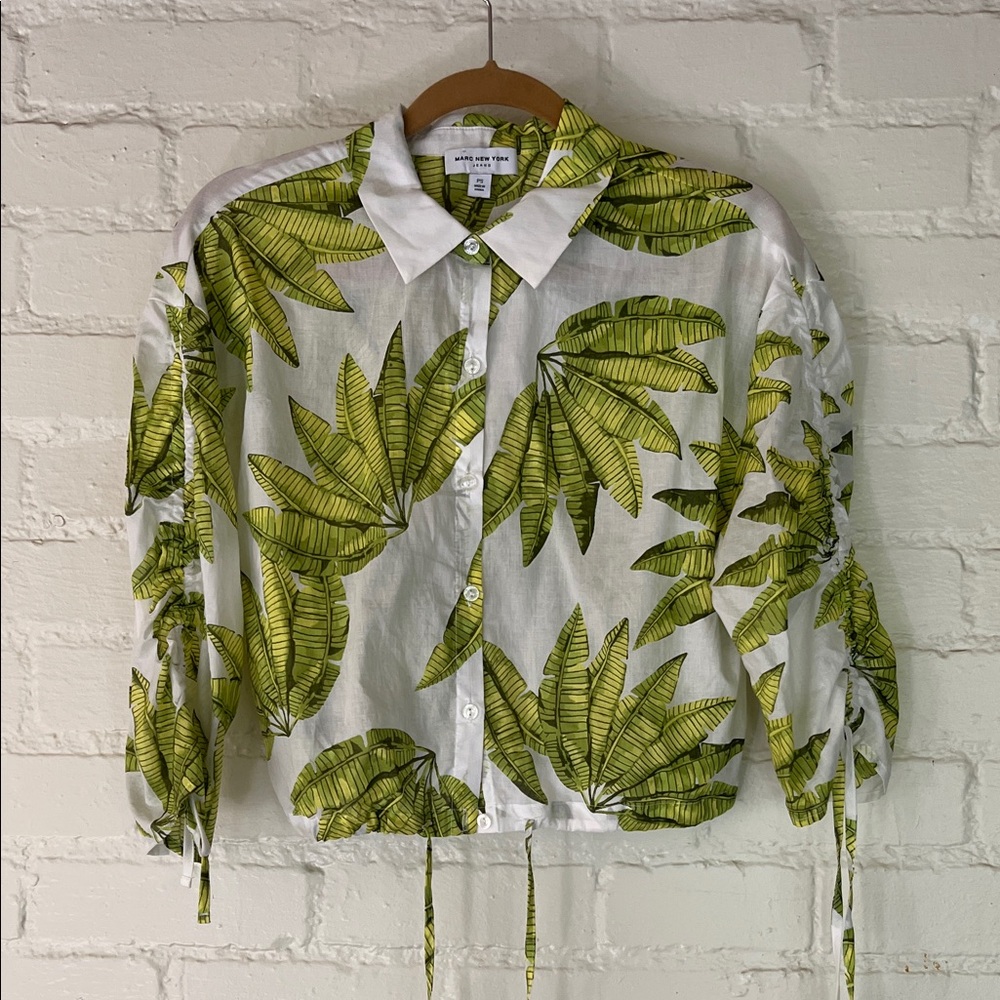 Marc New York White Cotton Button-Down Shirt Green Tropical Leaf Print Size PS